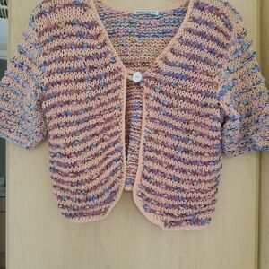 Multicolor Hand Knit, Short Sleeved Cardigan, Cotton